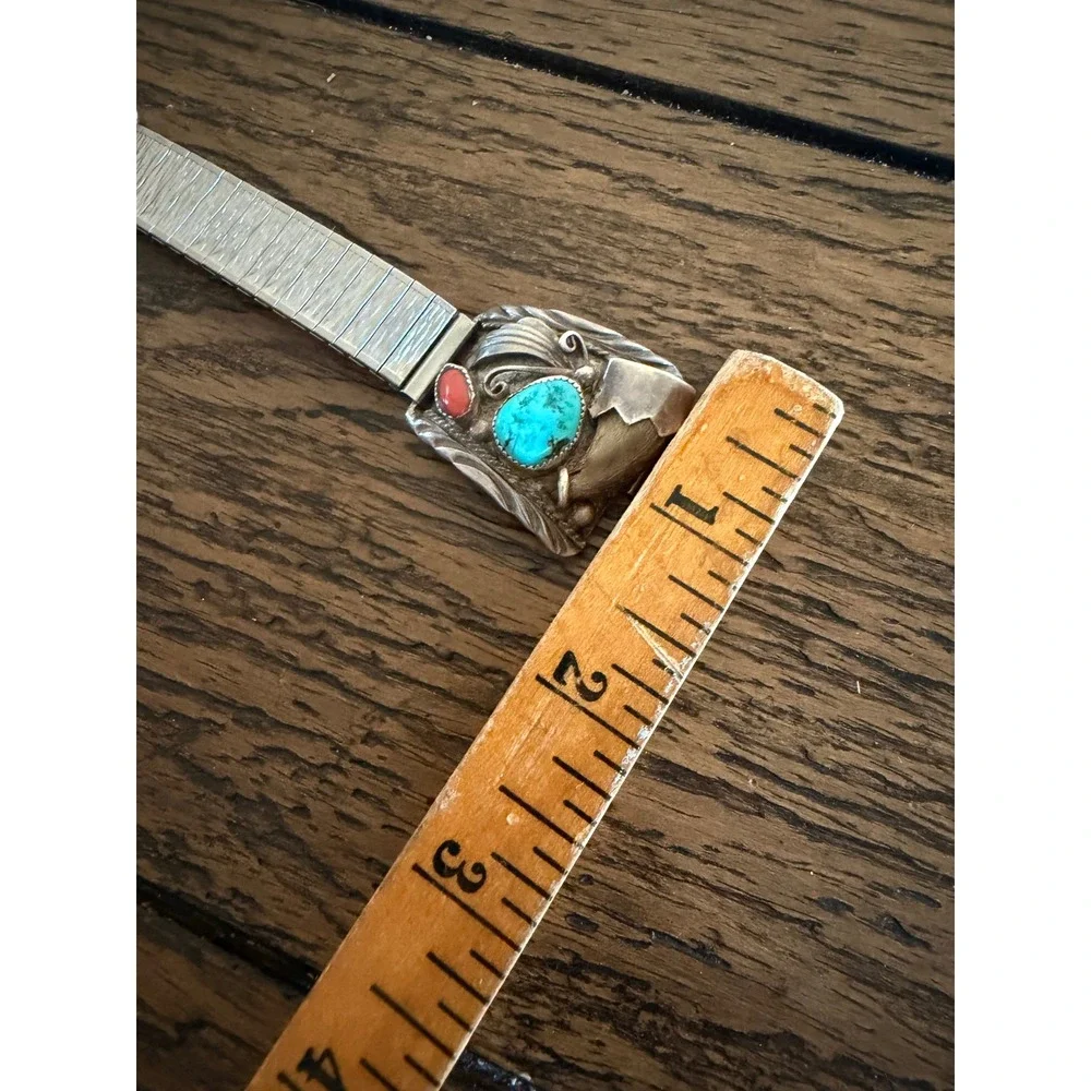 Vintage Navajo Sterling Silver Turquoise Coral Bear Claw Watch Band Old Pawn DDC